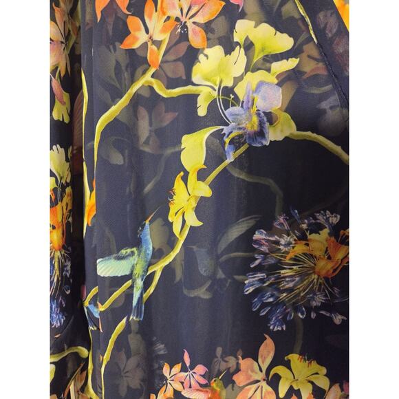 Carmen XL Marc Valvo Kimono Tied Topper Black Floral Hummingbird Fringed Boho - Picture 3 of 9